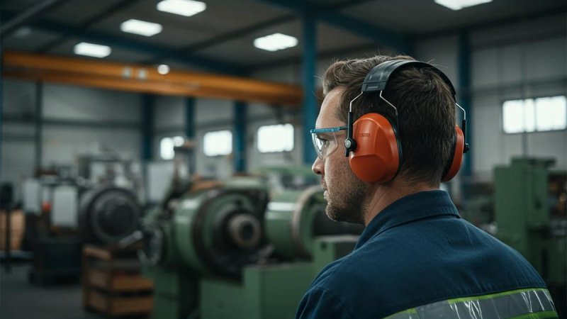 Trabalhador usando protetor auricular em ambiente industrial